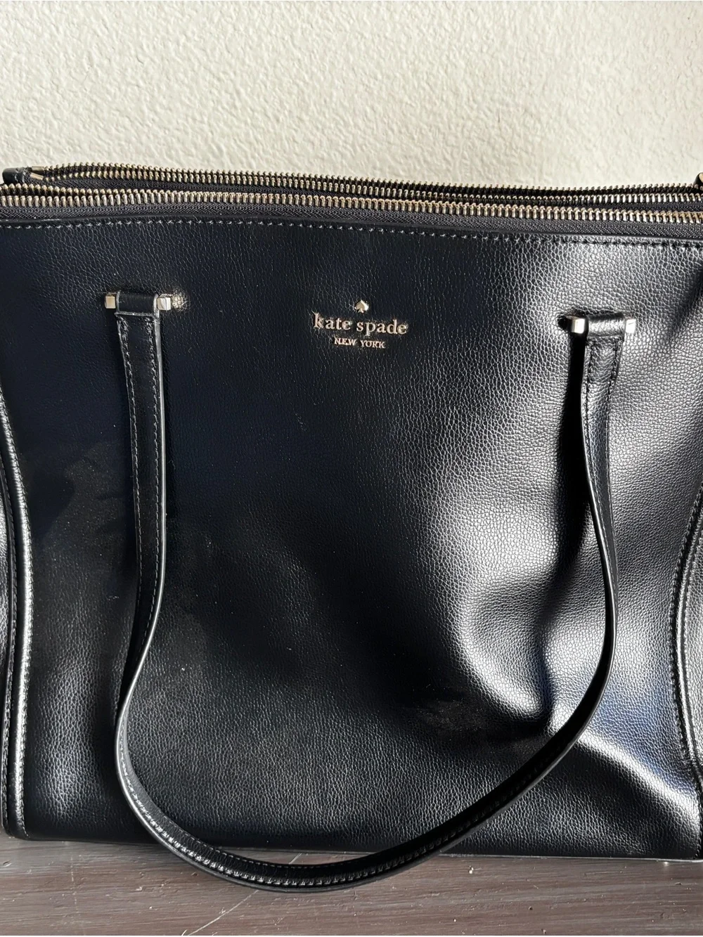 Kate Spade New York Black Pebbled Leather Zip Top Tote Shoulder Bag Work Purse